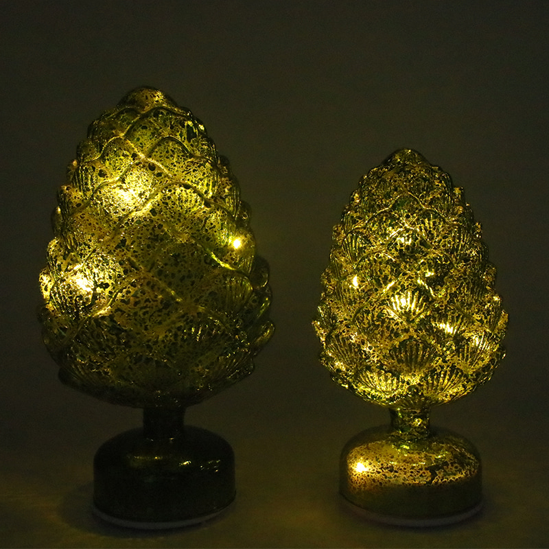 15×28 cm & 11×22 cm 솔방울 크리스마스 회전 유리 LED 탁상 장식