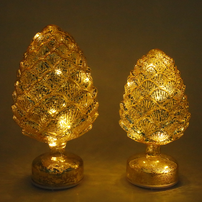 15×28 cm & 11×22 cm 솔방울 크리스마스 회전 유리 LED 탁상 장식